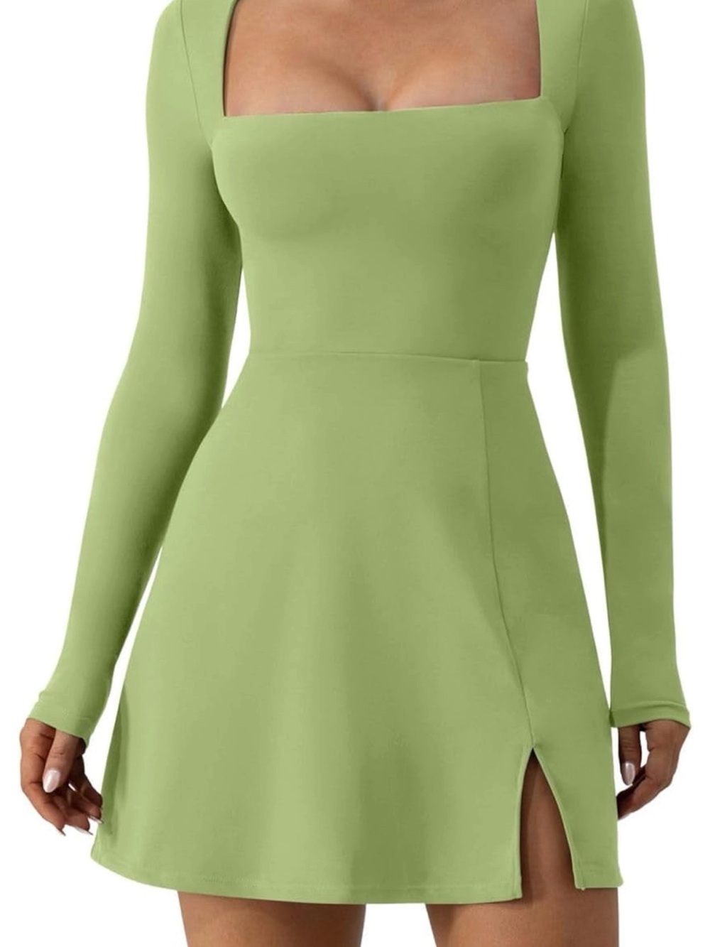 Square Neck Long Sleeve Flare Dress with Side Slit for Women Elegant Mini Dress